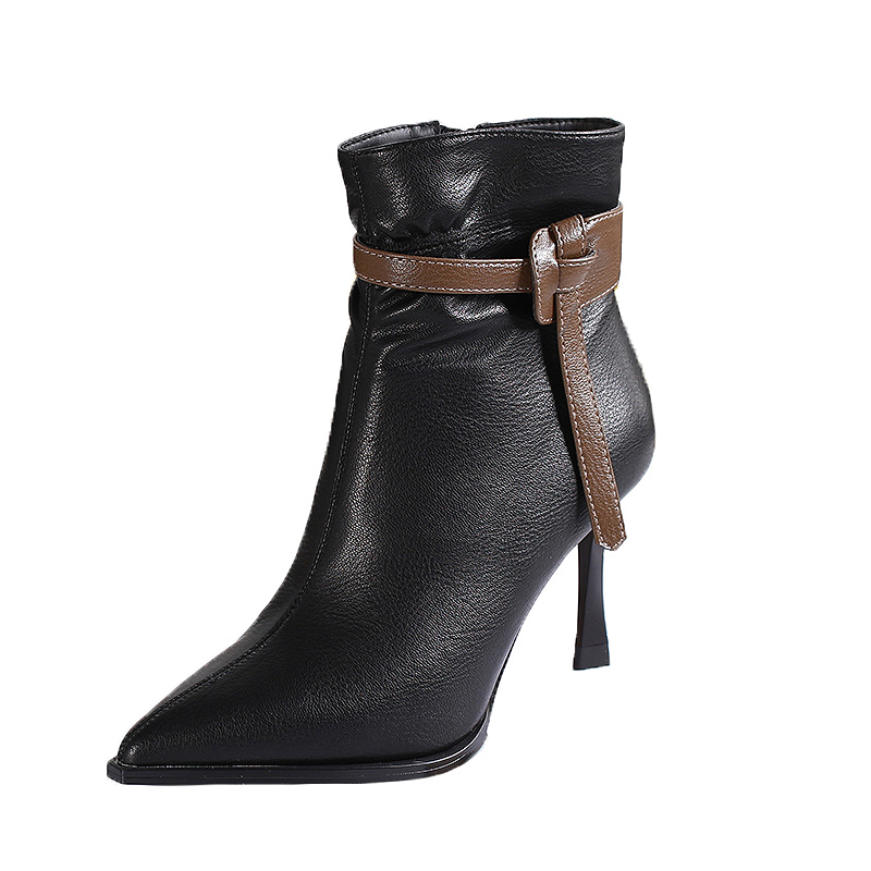 Women's High Heel Short Boots 2023 Winter New Khaki Pointed Toe Slim Boots - Image 5