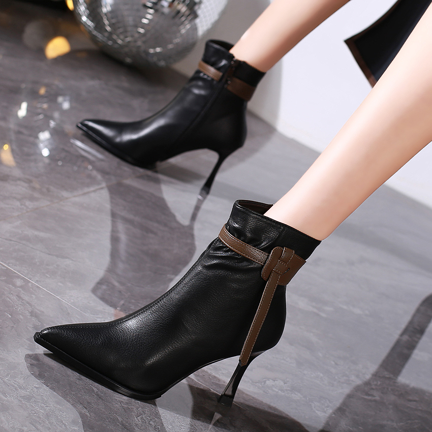 Women's High Heel Short Boots 2023 Winter New Khaki Pointed Toe Slim Boots