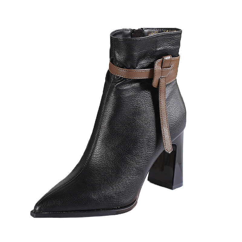 French Style Chunky Heel Martin Boots for Women 2023 Autumn Pointed Toe High Heel Two-Tone Faux Fur Lined British Fashion Short Boots - Image 5