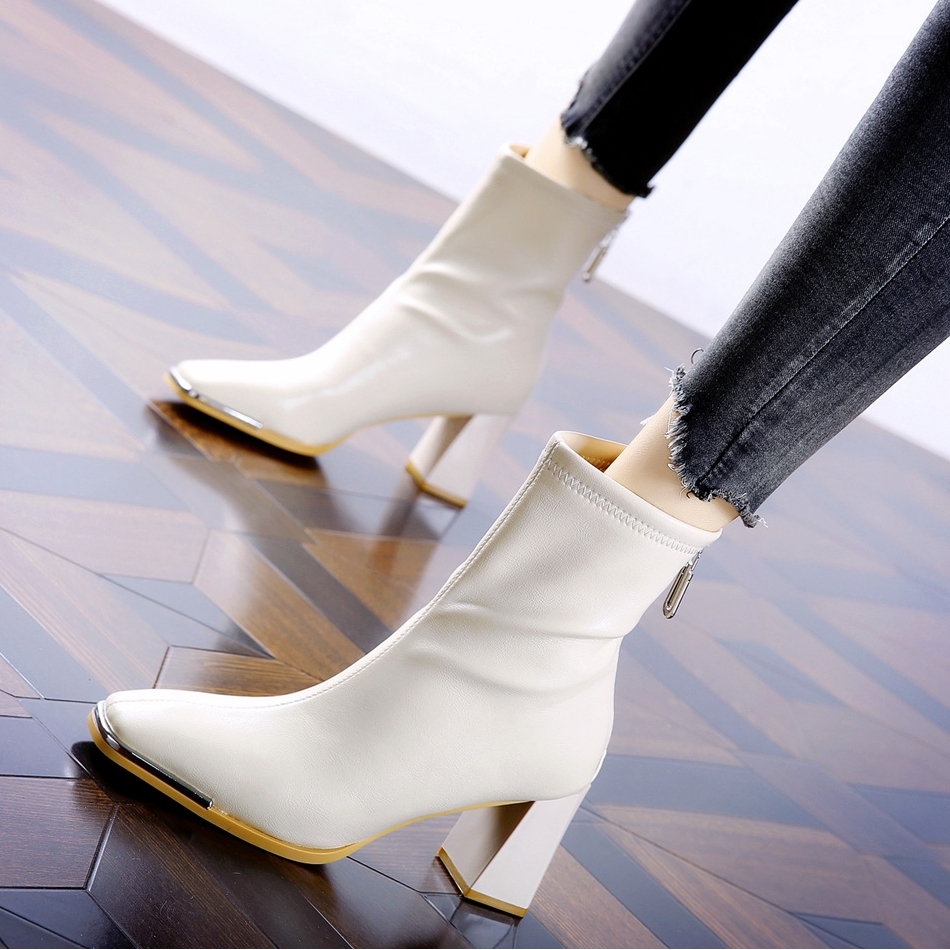 French Style High Heel Ankle Boots for Women 2023 Autumn New Square Toe Chunky Heel Slim Boots Back Zipper Fashion Boots - Image 2