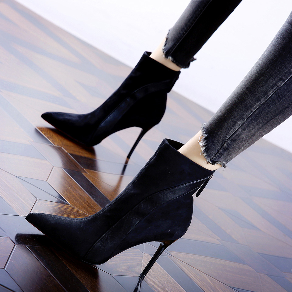 Suede Stiletto Ankle Boots Party High Heels 2023 Winter New French Sexy Pointed Toe Martin Boots Women