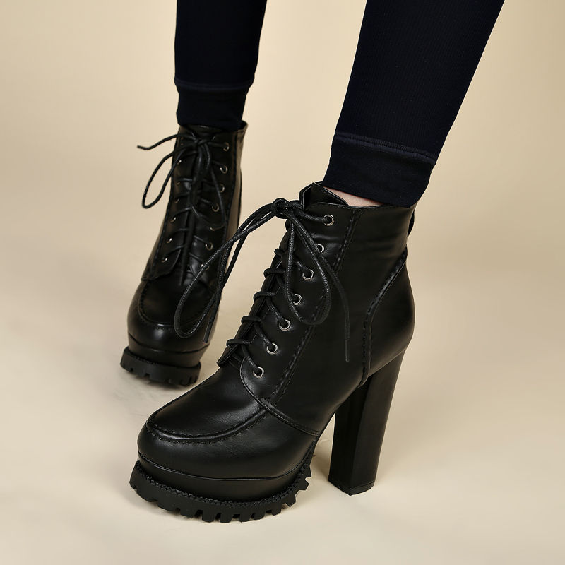 Women's Chunky Heel Short Boots 2024 Autumn Winter Martin Boots Platform High Heels Lace Up Ankle Boots