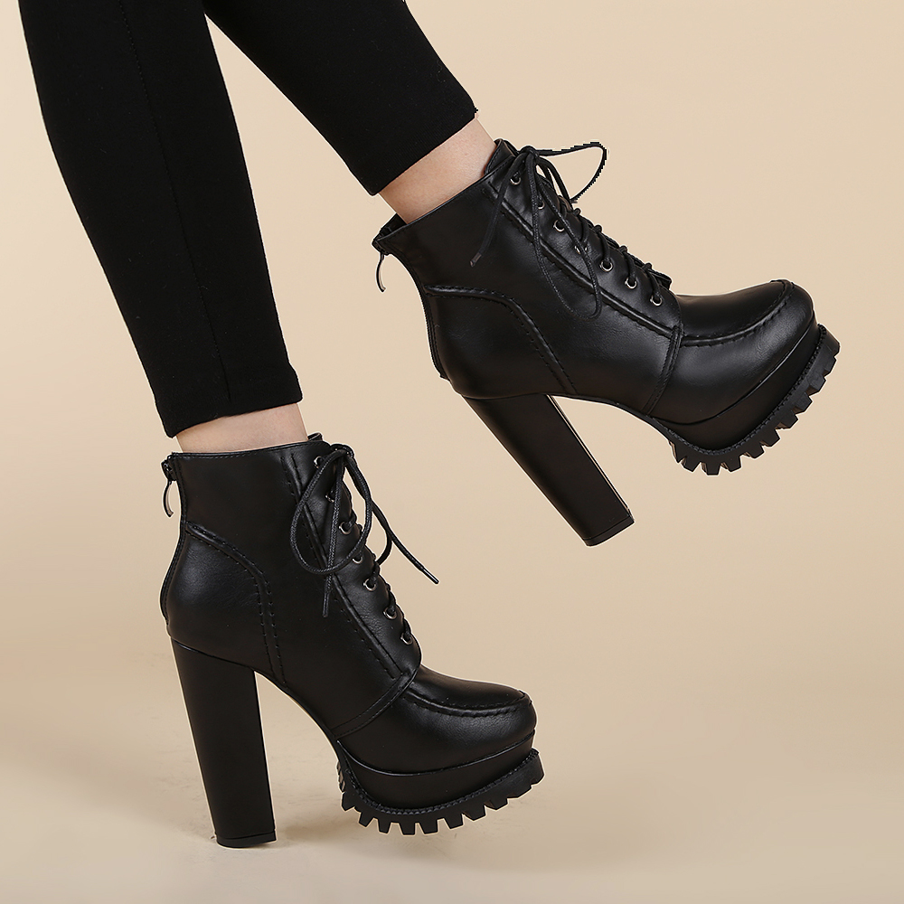 Women's Chunky Heel Short Boots 2024 Autumn Winter Martin Boots Platform High Heels Lace Up Ankle Boots - Image 4