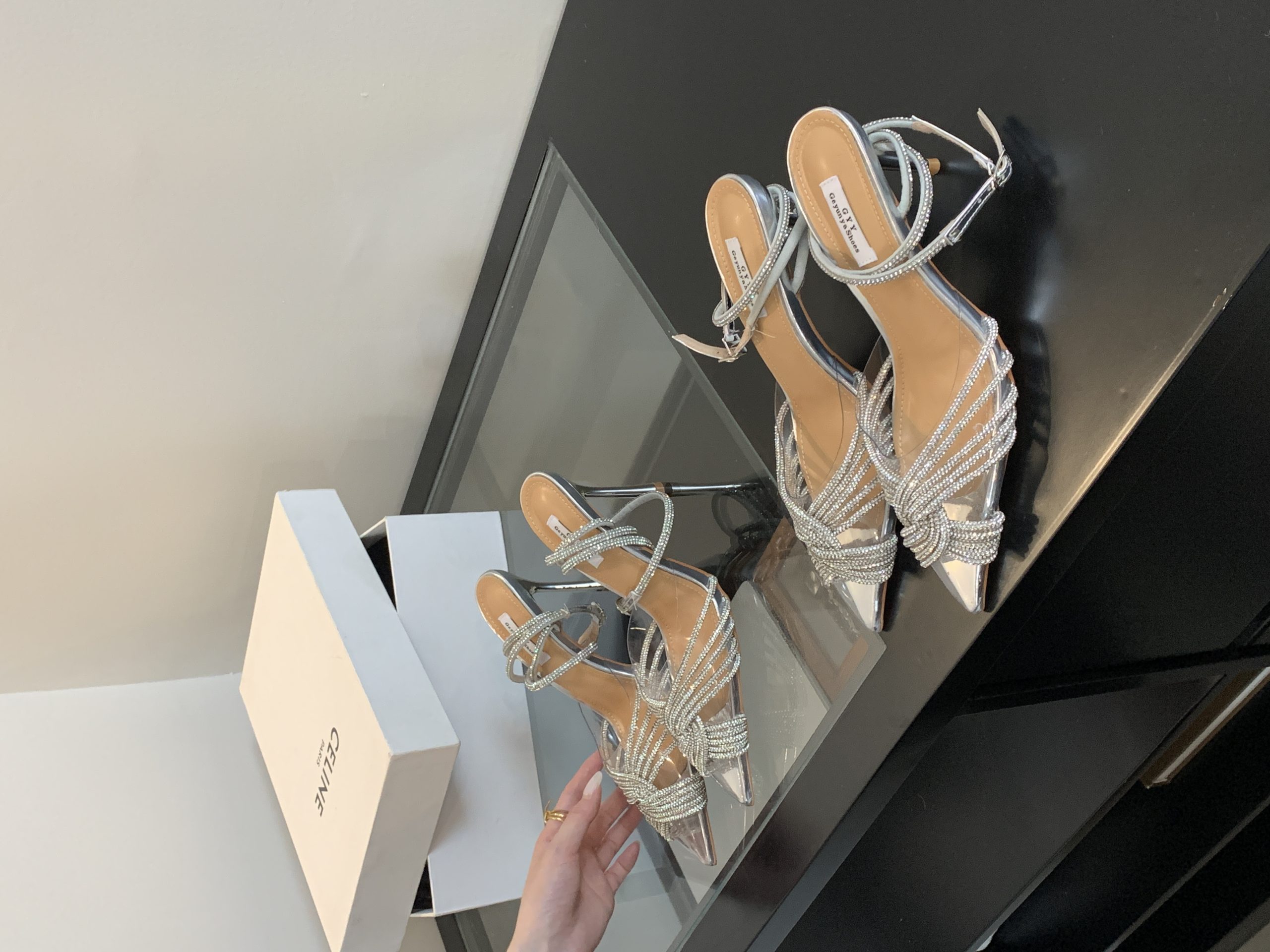 New Style Pointed Toe Cross Rhinestone High Heel Shoes Transparent Banquet Fairy Shoes 35-40