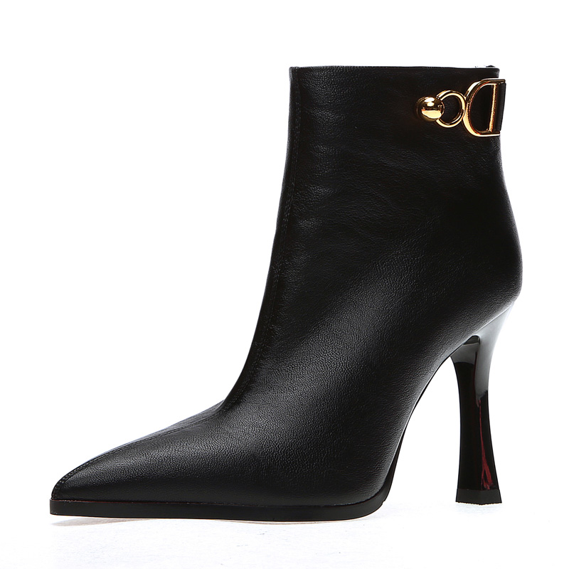 Women's Pointed Toe High Heel Ankle Boots Korean Style Metal Decor Slim Fit Martin Boots 2025 New Spring - Image 5