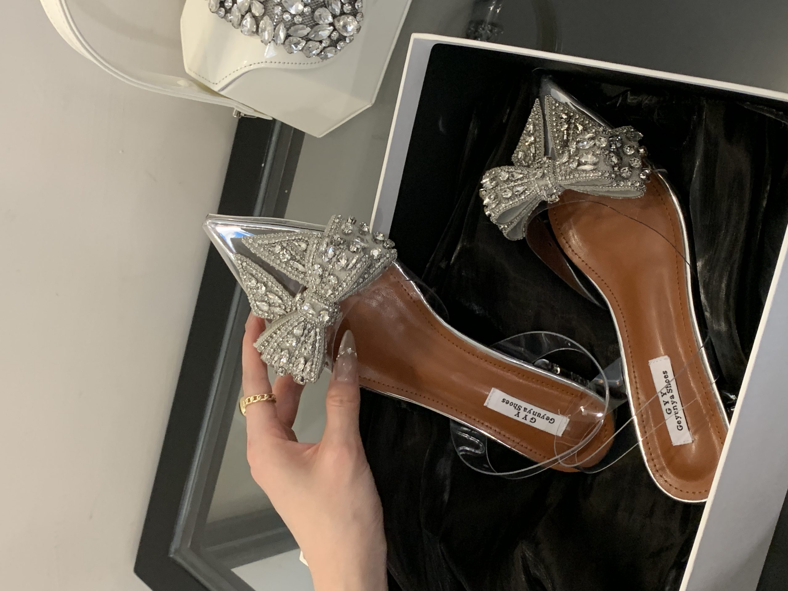 2025 Spring Summer New Pointed Toe Crystal Bow Transparent Fairy High Heel Sandals Slippers 35-40 - Image 3