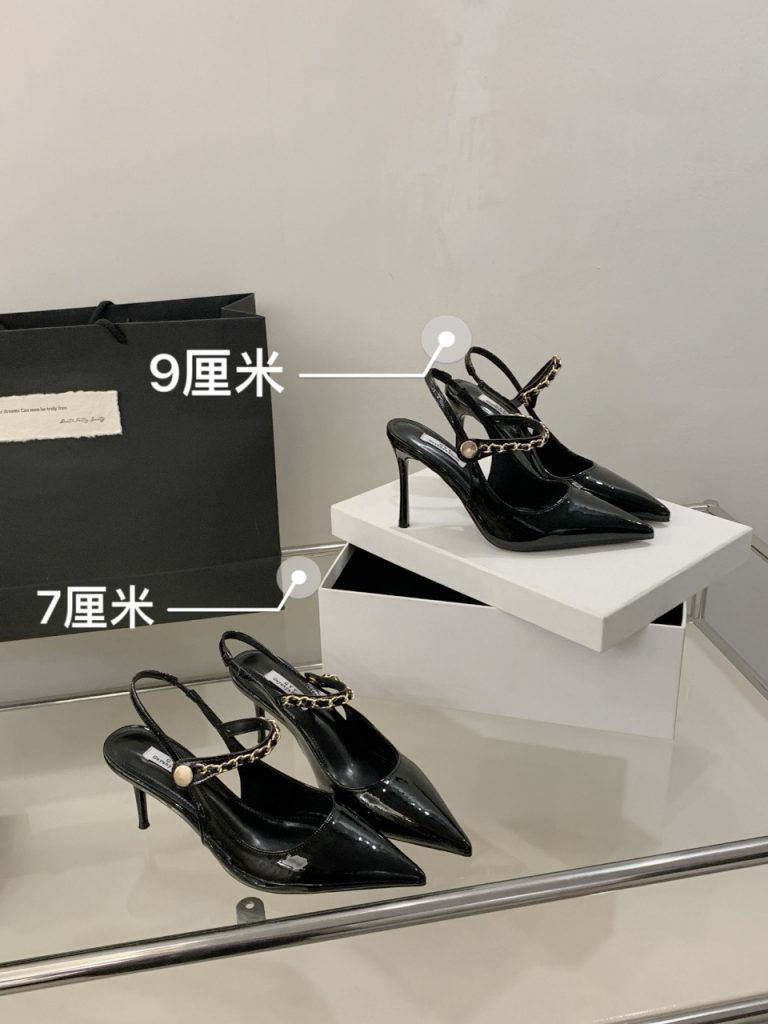 2025 Spring Summer New Pointed Toe Black Thin High Heel Chain Chanel Style Queen High Heels 35-40