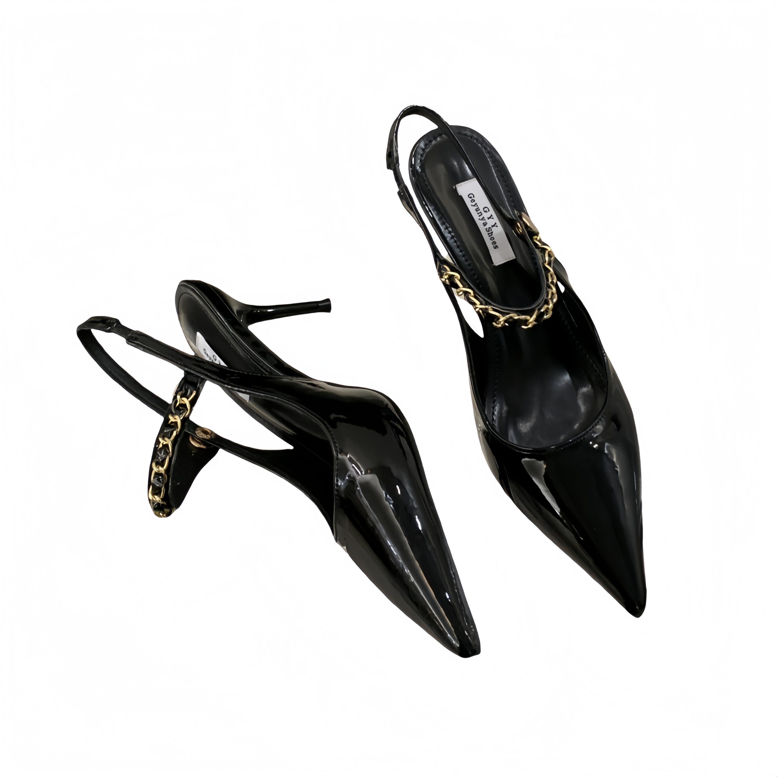 2025 Spring Summer New Pointed Toe Black Thin High Heel Chain Chanel Style Queen High Heels 35-40 - Image 5