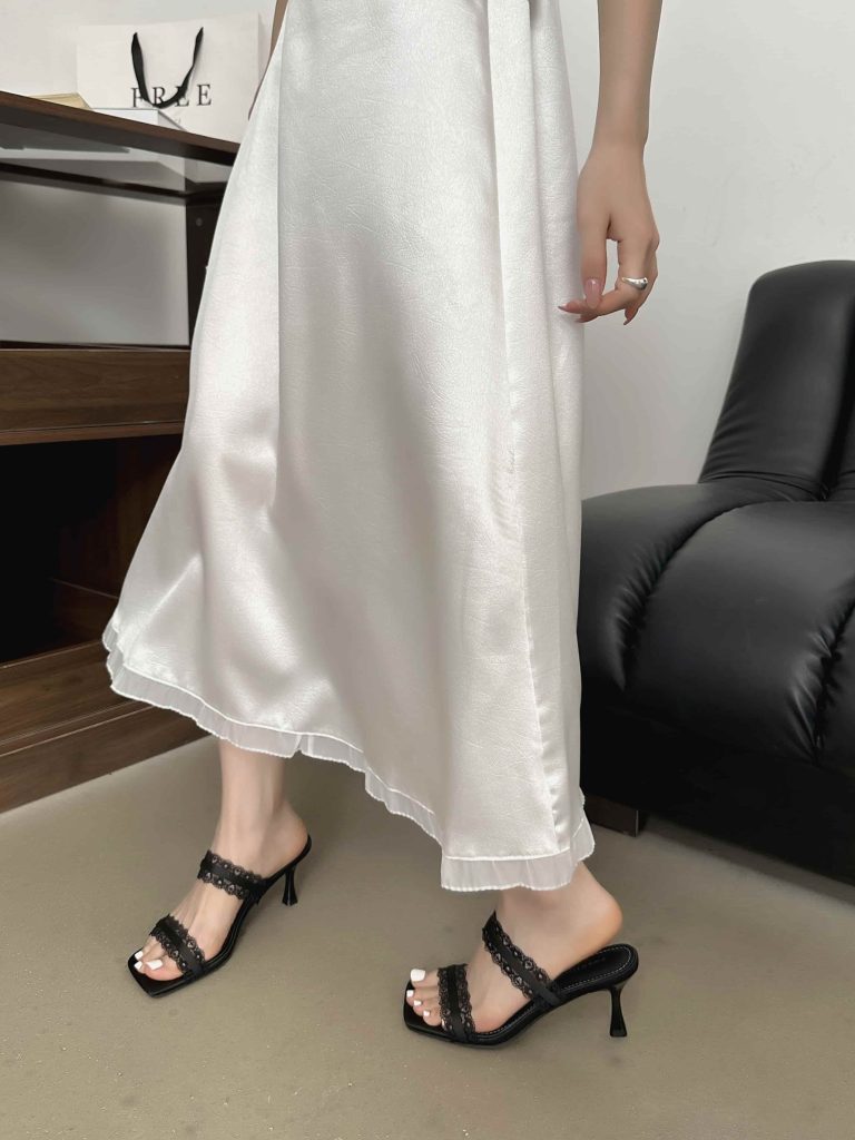Summer Women's 7cm Heel Genuine Leather Casual High Heel Thin Heel One-Strap Slippers