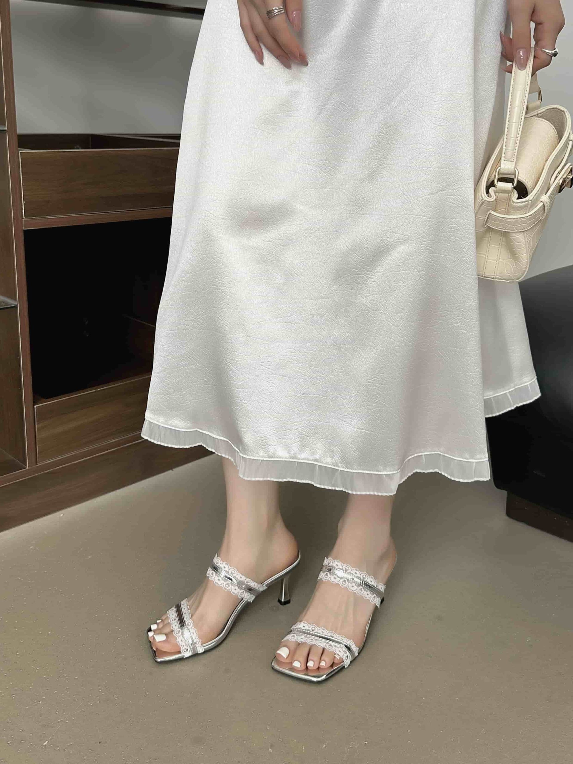 Summer Women's 7cm Heel Genuine Leather Casual High Heel Thin Heel One-Strap Slippers - Image 4