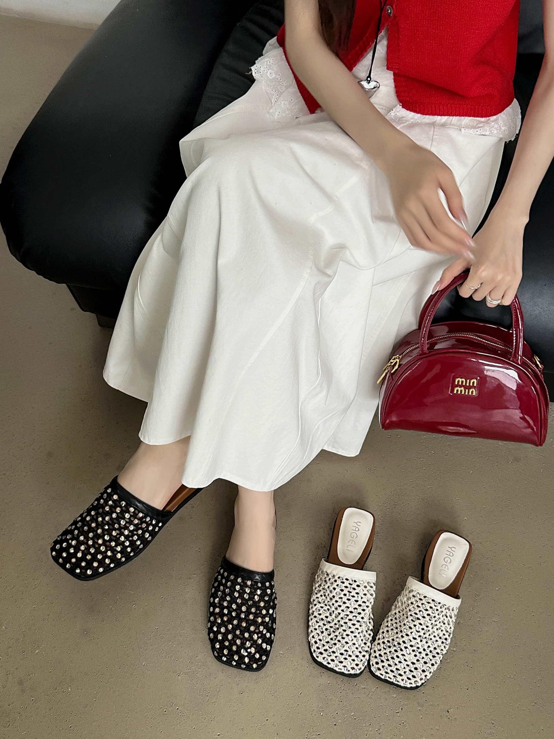 Rhinestone Fishnet Covered Toe Slippers for Women Summer 2025 Flat Mules - Image 3