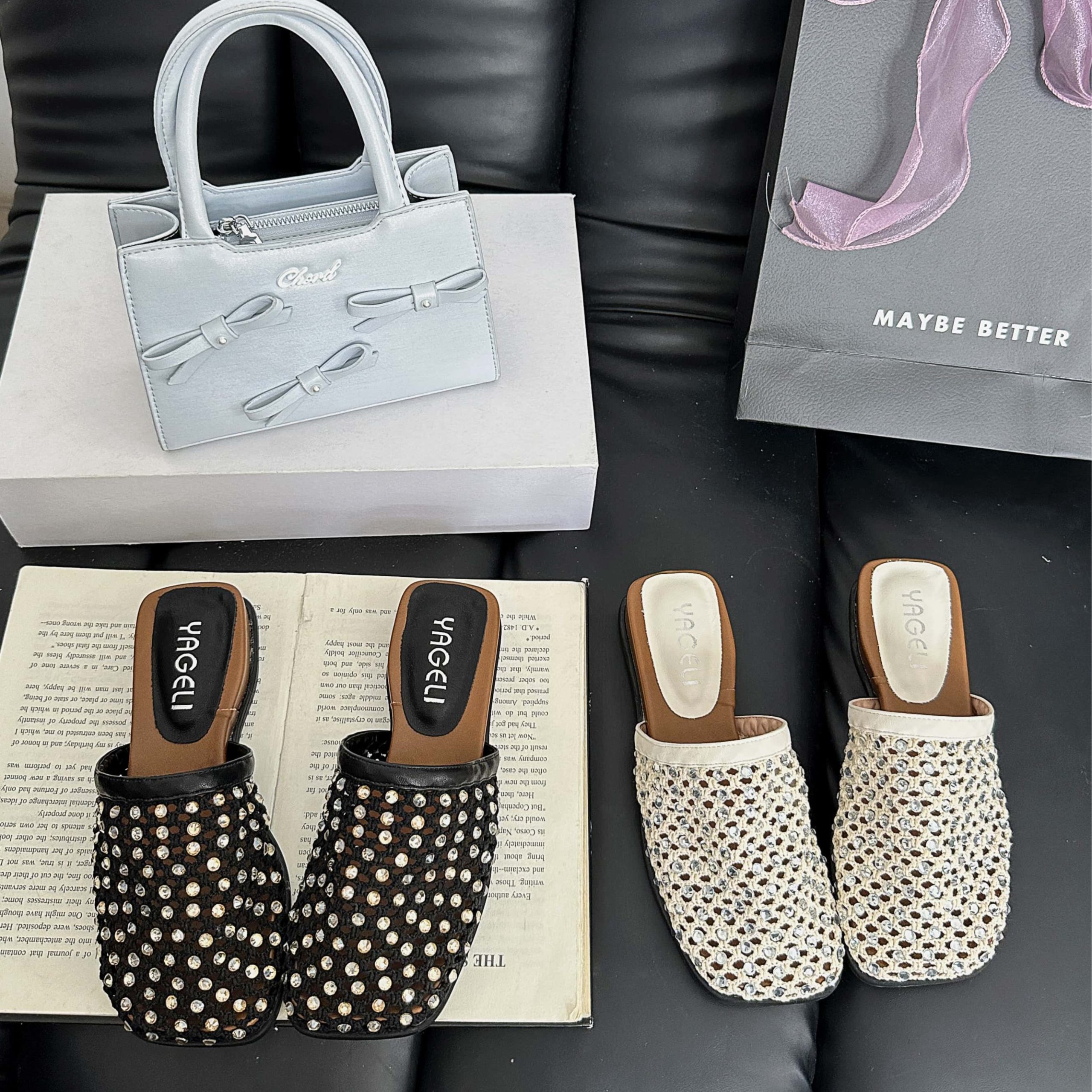 Rhinestone Fishnet Covered Toe Slippers for Women Summer 2025 Flat Mules - Image 5