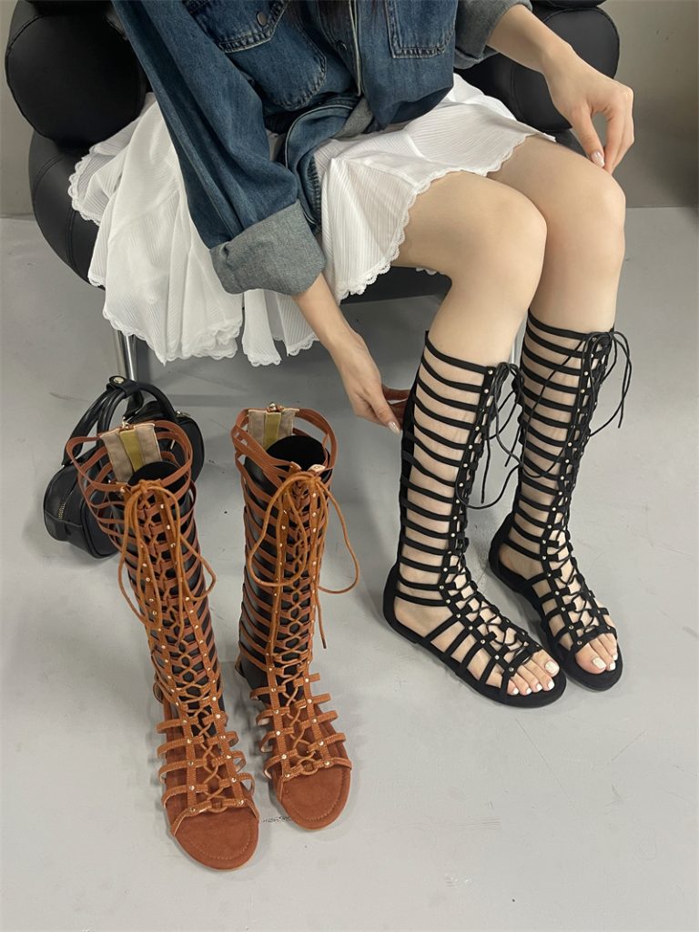 2025 New Fashion Flat Roman Sandals Lace Up High Top Women Shoes